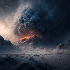 wybuch wulkanu wraz z burzą śnieżną