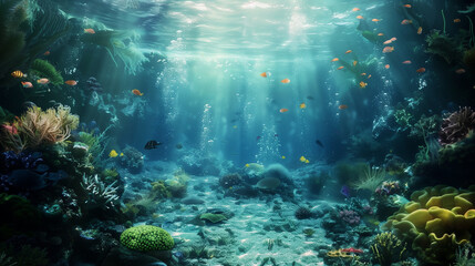 Obraz na płótnie Canvas a serene underwater scene, alive with vibrant coral reefs, diverse marine life, and sunbeams piercing through the water, highlighting the dynamic and colorful ecosystem of the ocean floor.