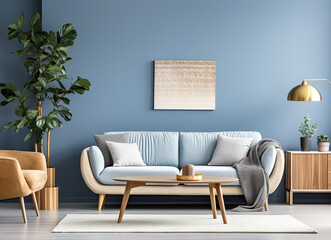 Scandinavian interior design of modern living room, home. Light blue sofa against blue wall.