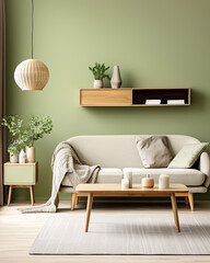 Scandinavian interior design of modern living room, home. Sofa against green wall with shelf.