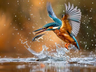 kingfisher diving down to catch fish, water splashing around it, wildlife photography