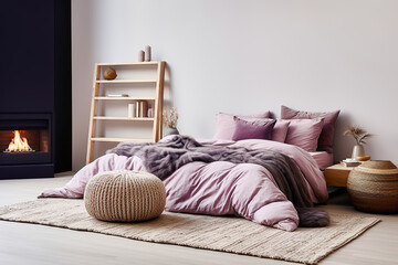 Scandinavian interior design of modern bedroom. Bed with purple bedding and wooden ladder shelf...