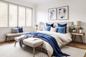 Fototapeta na wymiar Scandinavian interior design of modern bedroom. Bench near bed with blue bedding and wooden bedside cabinets.