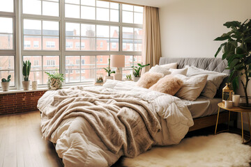 Scandinavian interior design of modern bedroom. Bed with fur throw against big panoramic grid window.