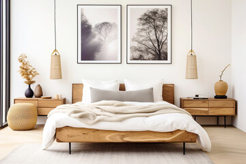 Scandinavian interior design of modern bedroom. Natural wood bed and bedside cabinets against wall with two poster frames. - 758078668
