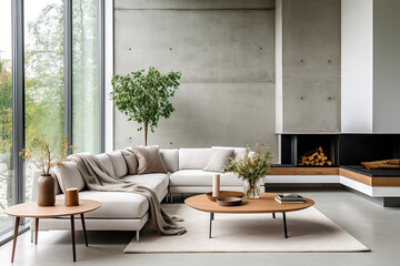 Fototapeta premium Loft interior design of modern living room, home with concrete wall and fireplace.