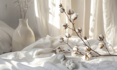 Cotton bolls on soft white fabric