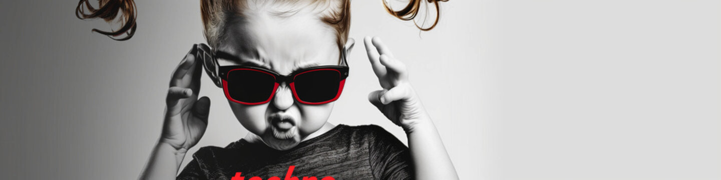 angry little girl in sunglases, with headphones, listening techno electro music