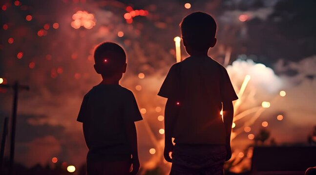 two children enjoying the beauty of fireworks in the night sky