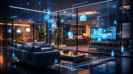 Interior of AI augmented reality smart home. - obrazy, fototapety, plakaty