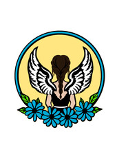 Angel Girl With Wings and Flowers Vector Illustration