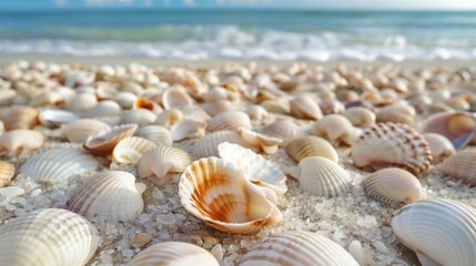 Fototapeta na wymiar Abundance of Seashells on Sandy Beach
