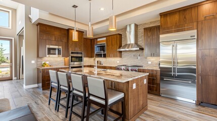 Beautiful kitchen in luxury modern contemporary home interior with island and chairs 