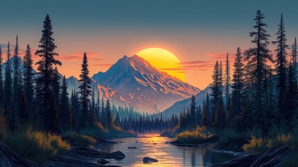 Mystical Sunset. A Majestic Mountain Silhouetted Against a Radiant Red Moon Amidst a Tranquil Forest and Reflective Lake. - obrazy, fototapety, plakaty
