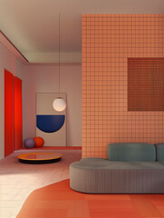 modern interior of living room, sofa and coutch in retro vintage modern style. luxury room