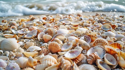 Fototapeta na wymiar Many Seashells Scattered on Sandy Beach