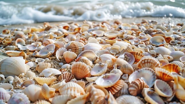 Many Seashells Scattered on Sandy Beach