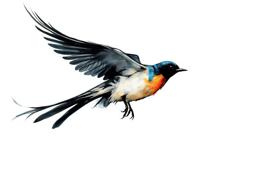 background isolated white Bird watercolor illustration black flying bird blue