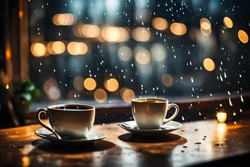 Foto op Plexiglas Hot coffee cup on the table , the window blurred rain background and a fairy light at night, creating a relaxing atmosphere. free space for writing messages, background for imaginary text © MISHAL