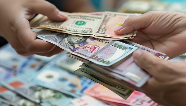Currency Exchange Amidst Crisis, Close-up of Trading Hands Amidst Fluctuating Rates