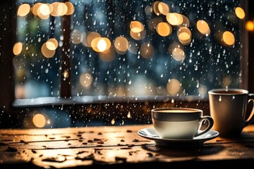 Obraz na płótnie Canvas Hot coffee cup on the table , the window blurred rain background and a fairy light at night, creating a relaxing atmosphere. free space for writing messages, background for imaginary text