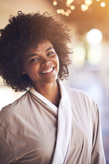 Spa, woman and portrait with smile in a bathrobe for wellness, cosmetics and beauty treatment....