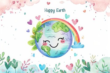 text Happy Earth Day written on top, a watercolor illustration of planet earth smiling with green leaves and a rainbow against a pastel colored background. Cartoon earth with a rainbow, green leaves