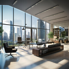 A modern office space with sleek furniture and large windows