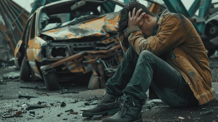 Man Sitting Next to Wrecked Car after a car accident