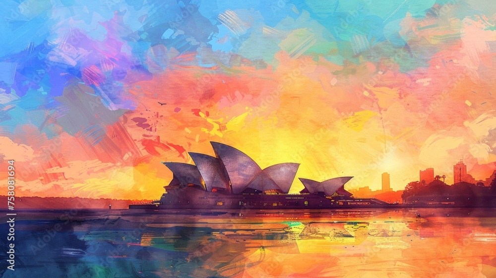 Poster Hand-drawn pastel digital watercolour paint sketch he Sydney Opera House stands tall silhouetted against a vibrant sunset sky isolated on a gradient background 