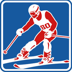 Icon representing a skier skiing in competition in white and red on blue background in a square sign, wearing a bib with number 80, athlete on skis in winter olympic games or having fun on ski resort  - obrazy, fototapety, plakaty