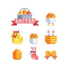 Happy Easter design. Pixel art icons set. Greeting card with rabbit, bunny, eggs and chicken. Isolated vector illustration. 