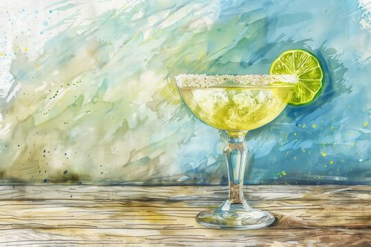 Hand-drawn pastel digital watercolour paint sketch Glistening margarita cocktail embellished with a lime wheel on a rustic wooden surface capturing the essence of Cinco de Mayo celebration 