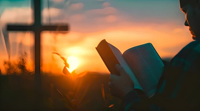 man reading a book with a christian cross in front of him