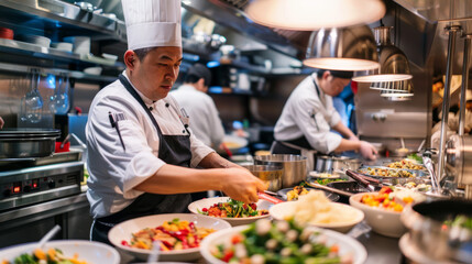 In a brightly lit commercial kitchen, a chef is focused on preparing a vibrant and fresh salad, showcasing freshness and quality