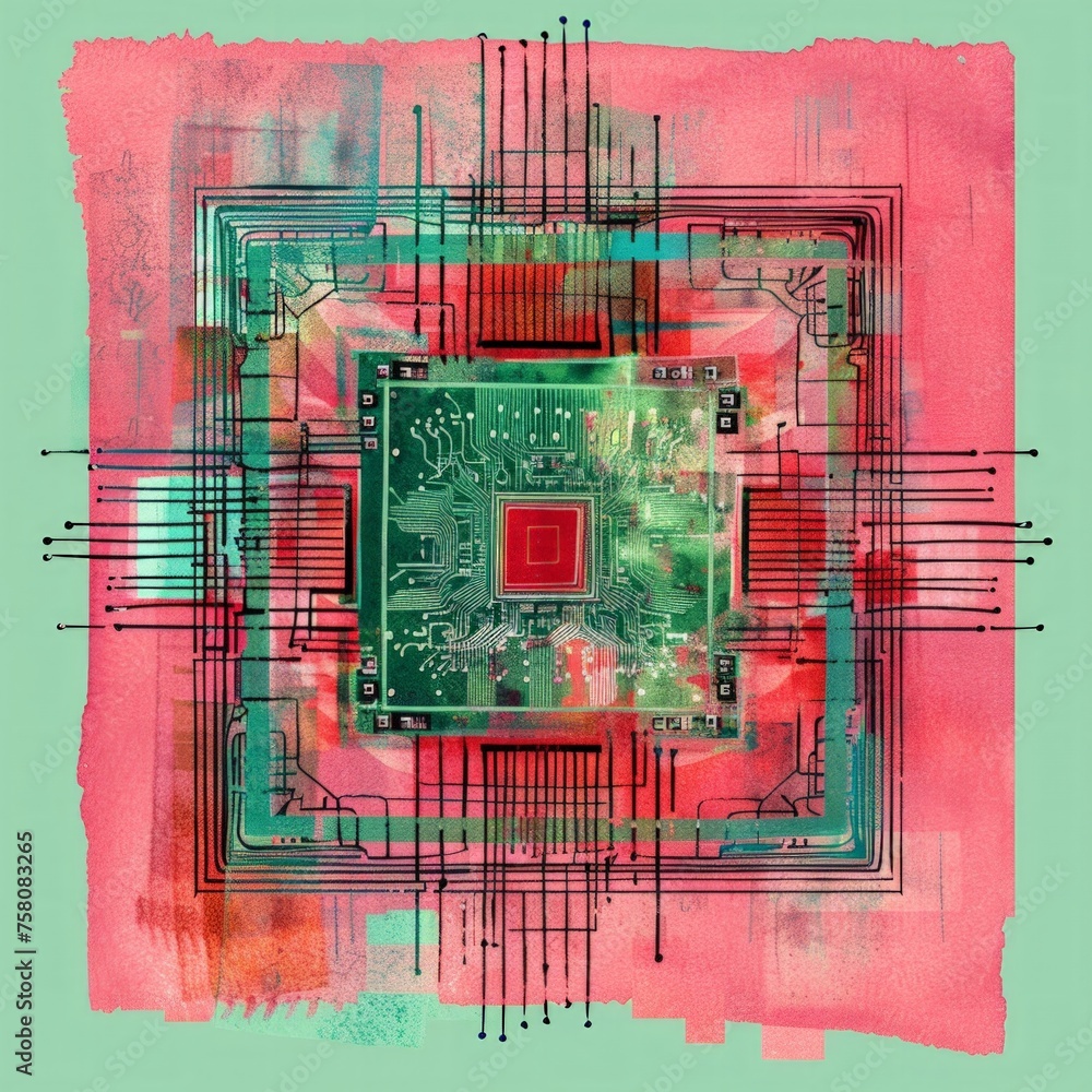 Poster hand-drawn pastel digital watercolour paint sketch detailed view of a complex microchip with vibrant