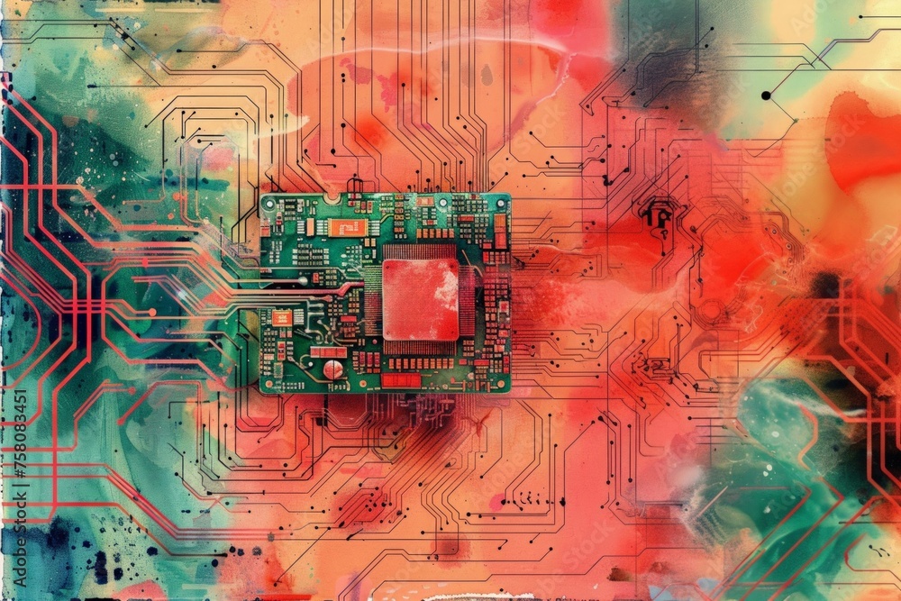 Aufkleber hand-drawn pastel digital watercolour paint sketch detailed view of a complex microchip with vibrant