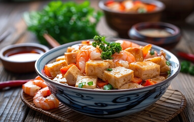 Fototapeta na wymiar Gourmet tofu pot with shrimps,created with Generative AI tecnology.