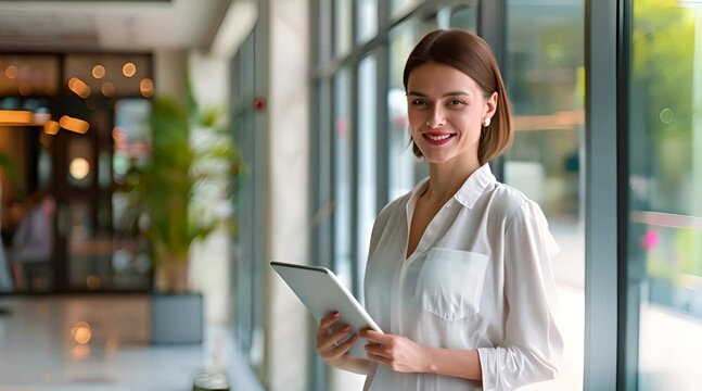 beautiful young business woman smiles holding tablet in office with