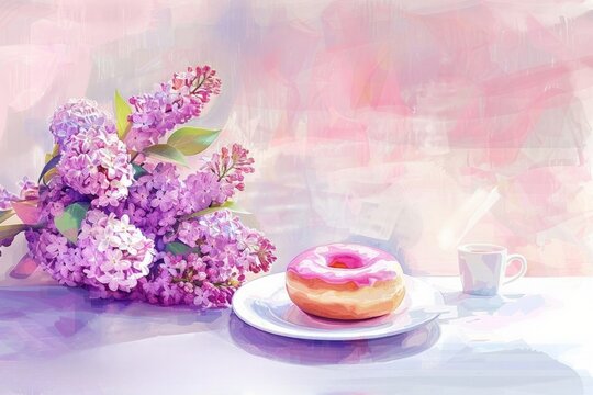 Pink glazed donut with lilacs on mother's day,