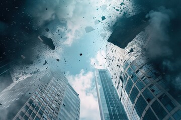 Crumbling skyscrapers under the force of a massive earthquake. - obrazy, fototapety, plakaty