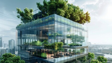 building with plants innovative ecological concept in a sunrise