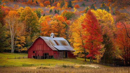 Autumnal splendor: rustic barn nestled among vermont countryside's vibrant foliage