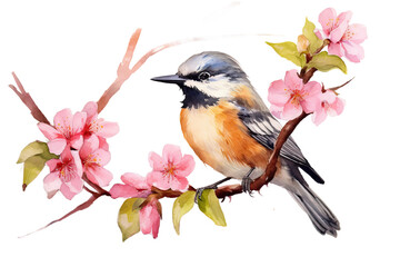 Watercolor blossom Bird branch flowers