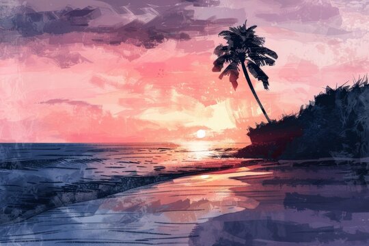 Hand-drawn pastel digital watercolour paint sketch Breathtaking Hawaiian beach glows under the radiant sunset palm tree silhouette adding contrast background with empty space for text 