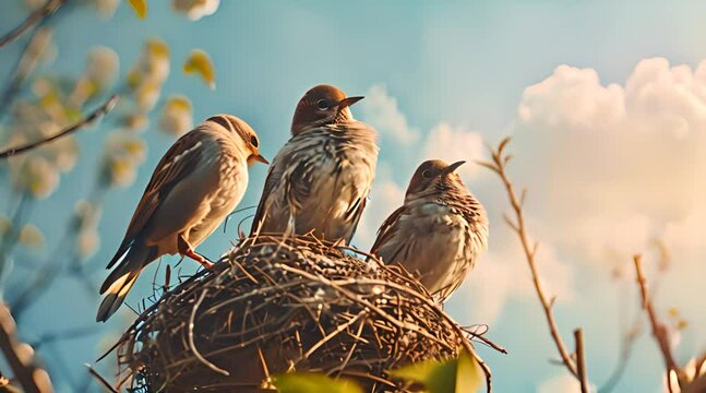 bird family in nest with beautiful sky view