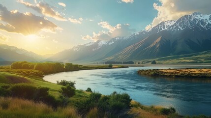 Lush new zealand landscape: majestic mountains and serene river scene - obrazy, fototapety, plakaty