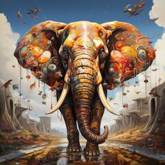 Fairytale elephant expressionism colorful - obrazy, fototapety, plakaty