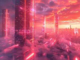 A digital landscape transforms under a neon sky