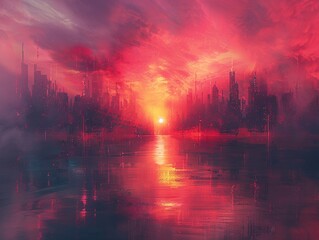 Fototapeta premium A digital landscape transforms under a neon sky